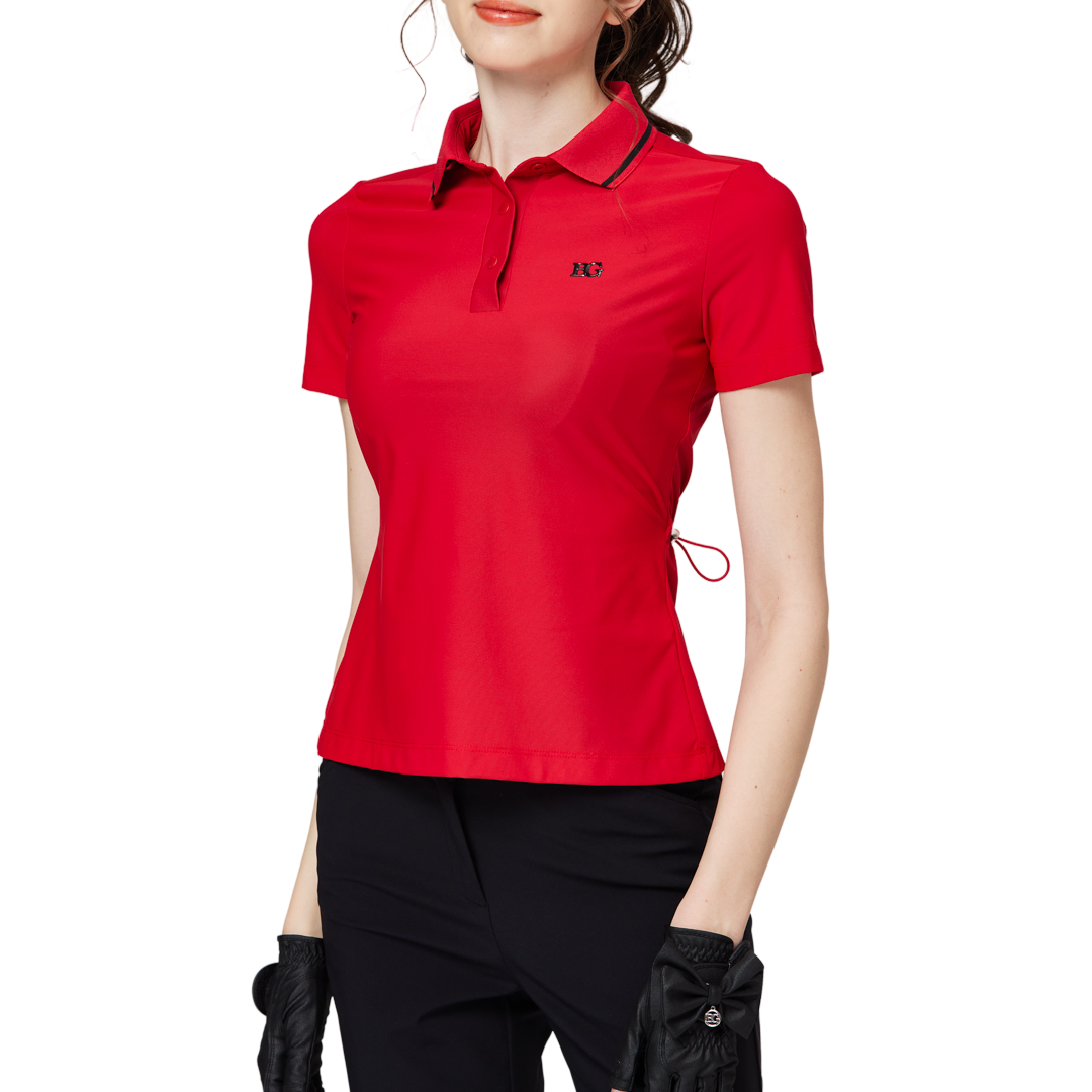 リブネックライン、ウエストにフィットするレディース半袖トップス