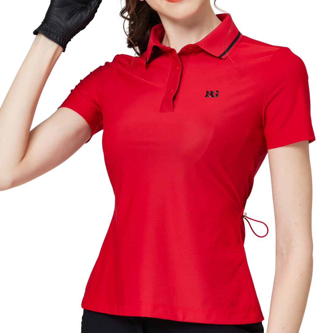 リブネックライン、ウエストにフィットするレディース半袖トップス