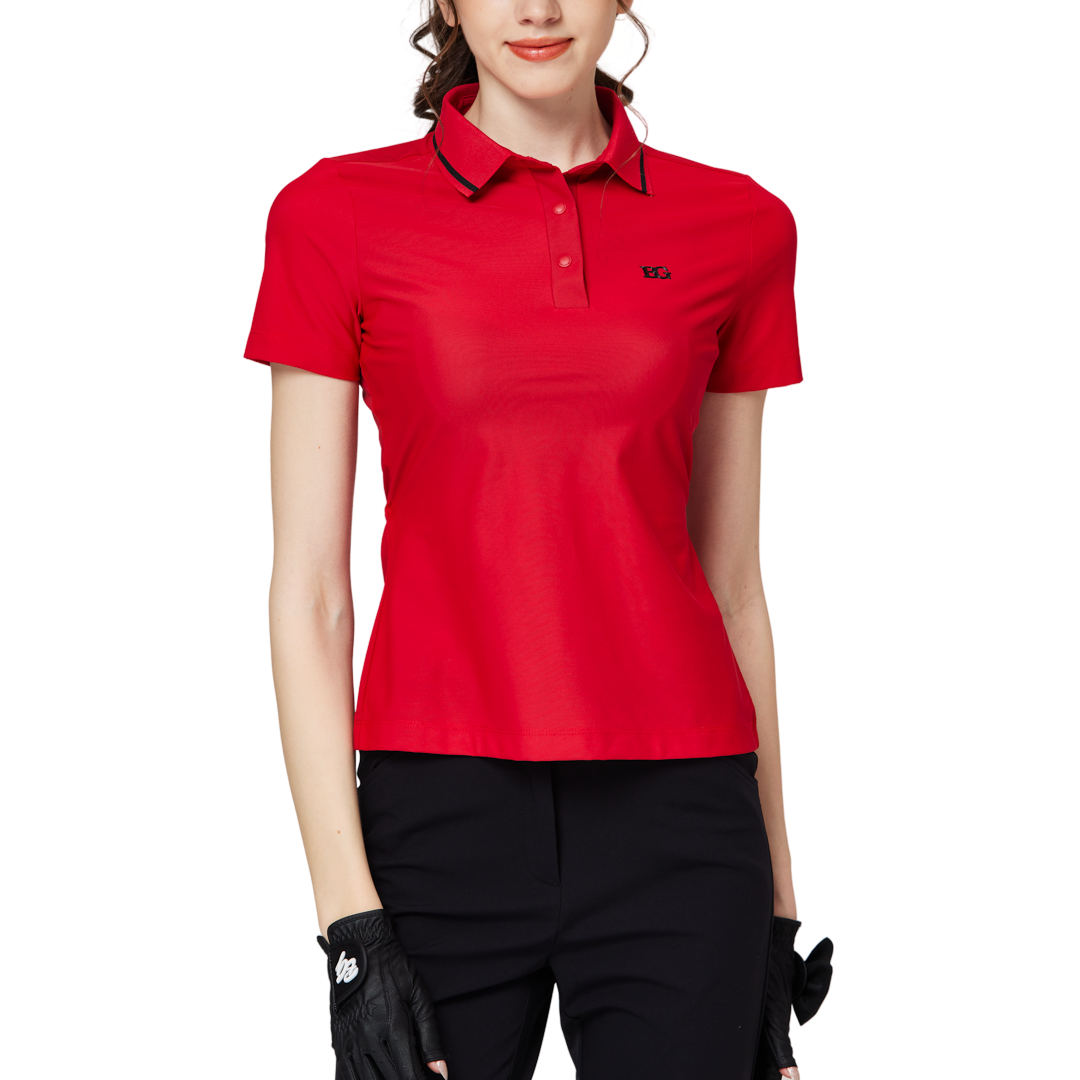 リブネックライン、ウエストにフィットするレディース半袖トップス