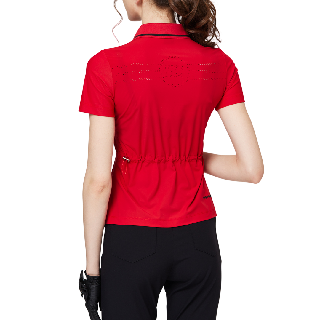 リブネックライン、ウエストにフィットするレディース半袖トップス