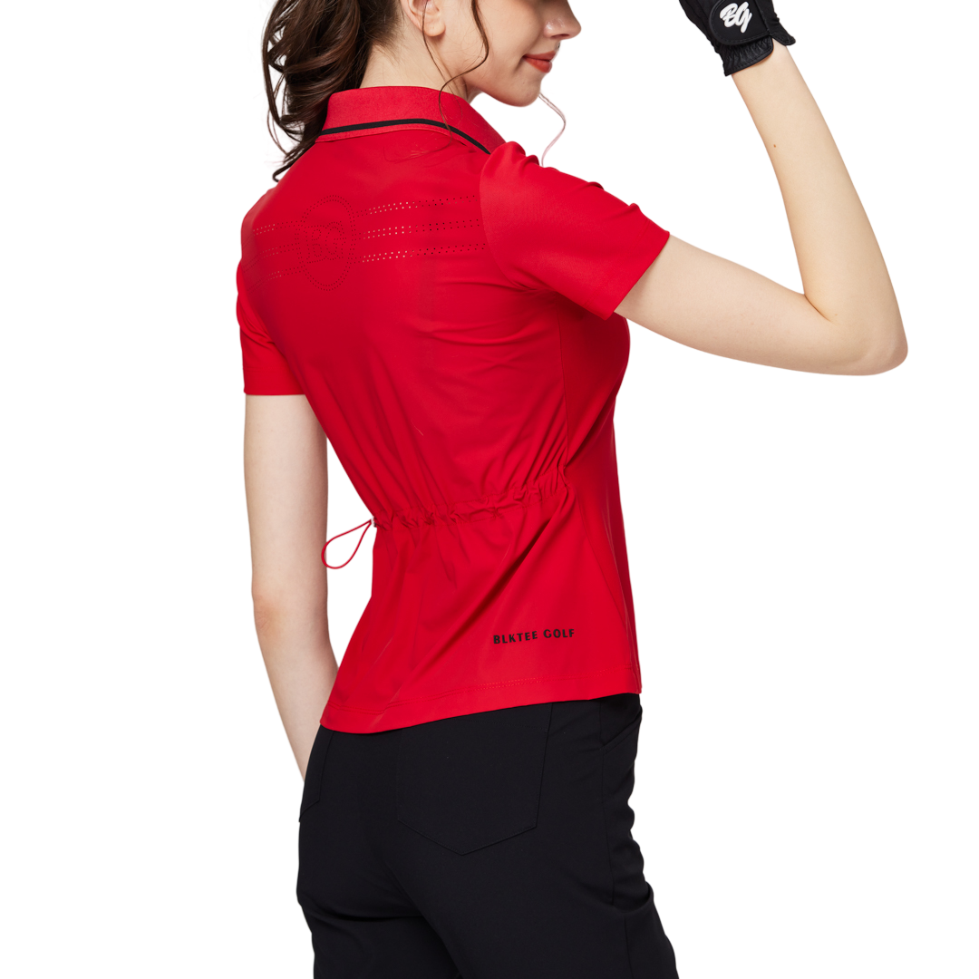 リブネックライン、ウエストにフィットするレディース半袖トップス