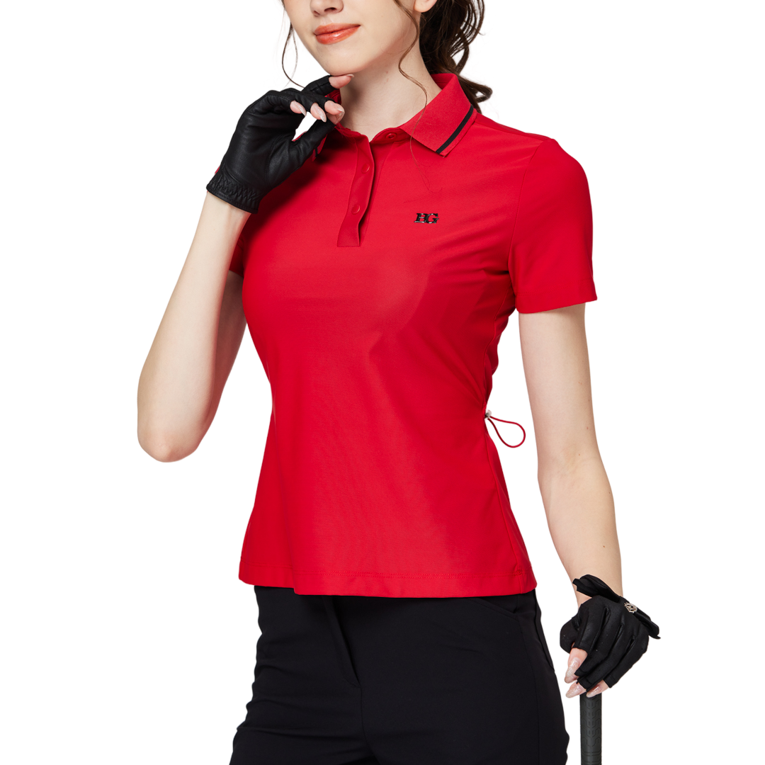 リブネックライン、ウエストにフィットするレディース半袖トップス