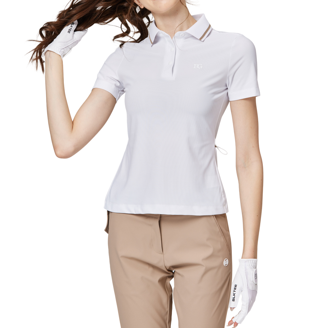 リブネックライン、ウエストにフィットするレディース半袖トップス