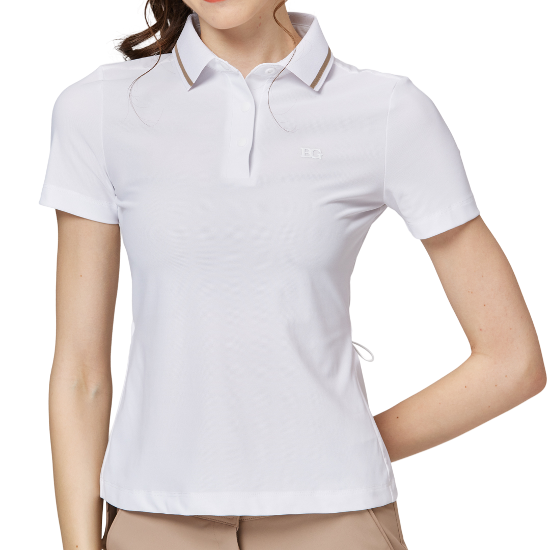 リブネックライン、ウエストにフィットするレディース半袖トップス