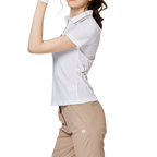 リブネックライン、ウエストにフィットするレディース半袖トップス