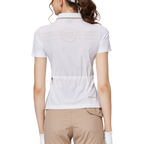 リブネックライン、ウエストにフィットするレディース半袖トップス