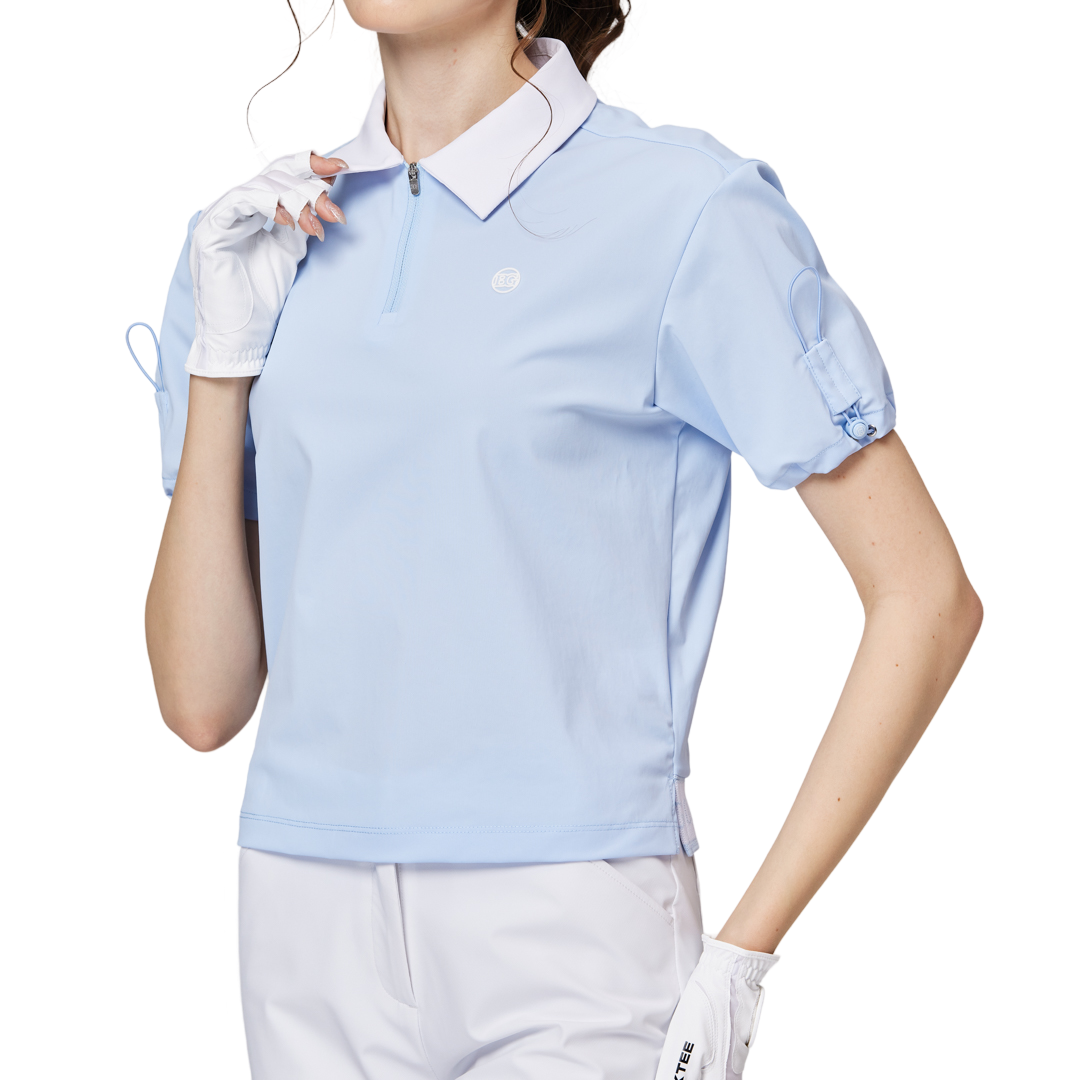 Women's short-sleeved top with gathered cuffs and collar