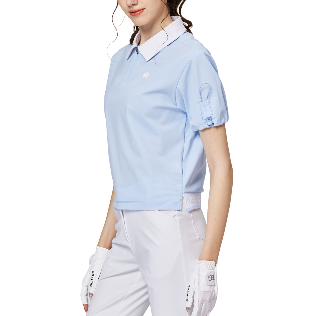 Women's short-sleeved top with gathered cuffs and collar