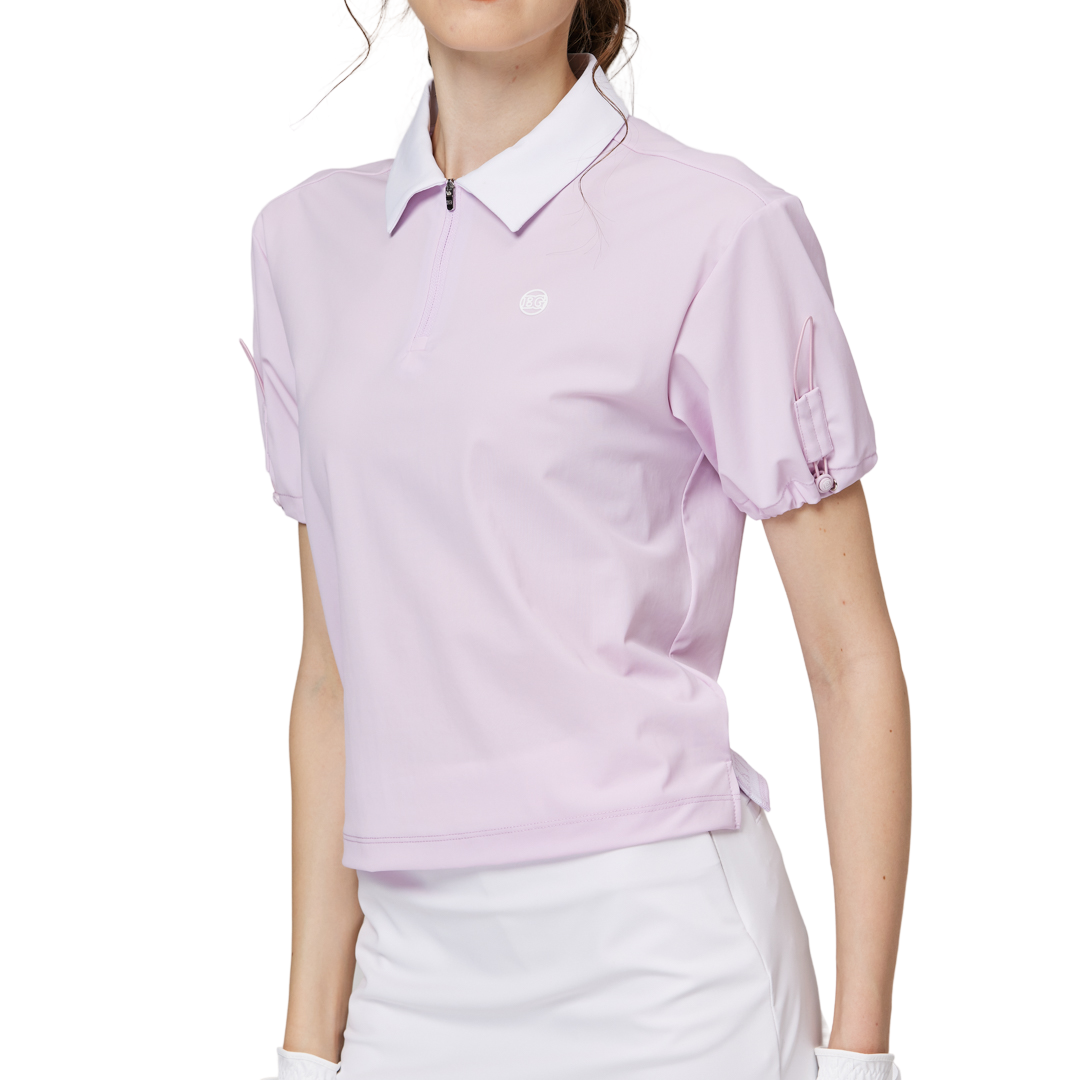 Women's short-sleeved top with gathered cuffs and collar
