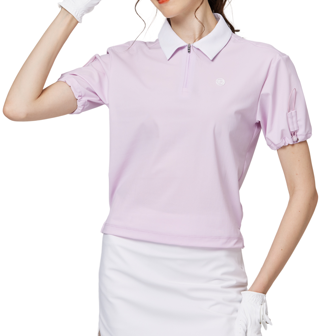 Women's short-sleeved top with gathered cuffs and collar
