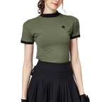 Beaded high-elastic stand-up collar women's short-sleeved top