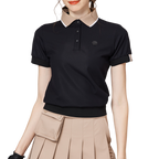 ゆったりとしたリブ編みの裾と襟付きのレディース半袖トップス