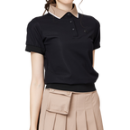 ゆったりとしたリブ編みの裾と襟付きのレディース半袖トップス