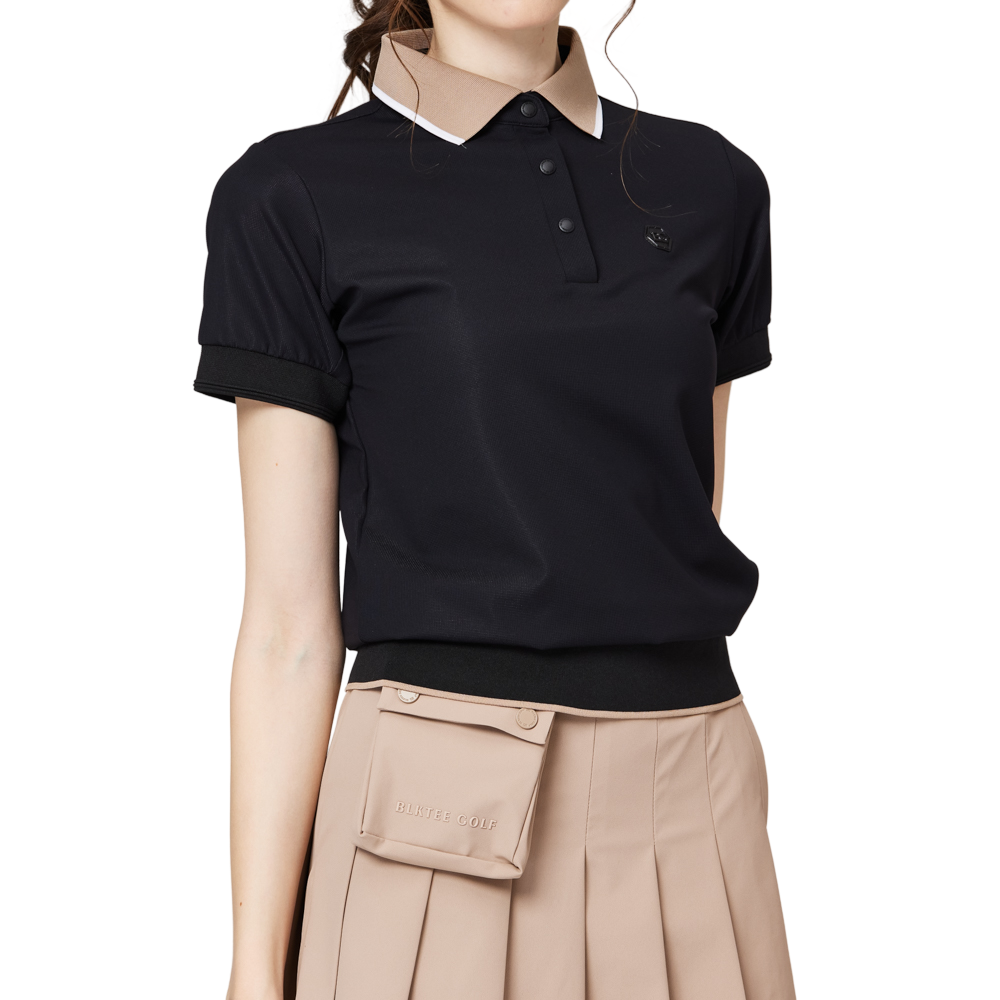 Loose-fitting ribbed hem collared short-sleeved top for women