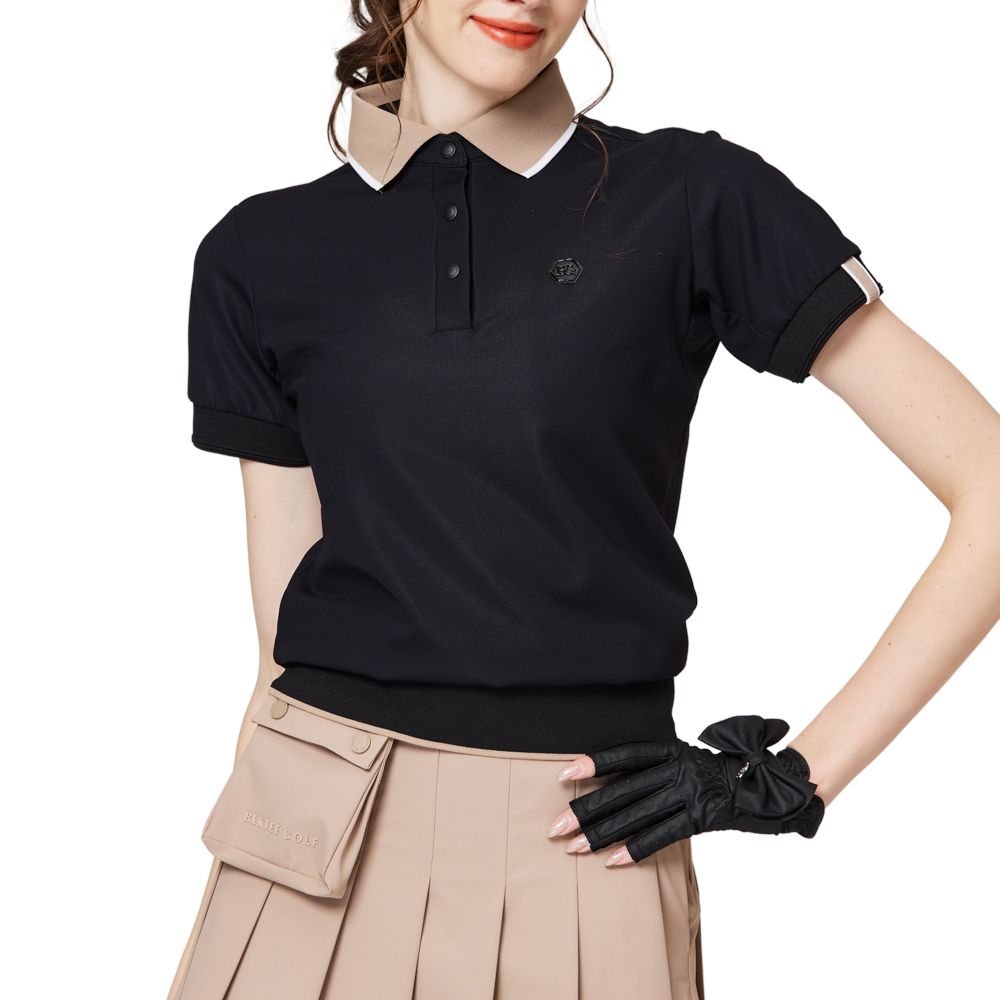 Loose-fitting ribbed hem collared short-sleeved top for women