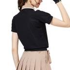 ゆったりとしたリブ編みの裾と襟付きのレディース半袖トップス