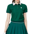 ゆったりとしたリブ編みの裾と襟付きのレディース半袖トップス