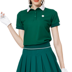 ゆったりとしたリブ編みの裾と襟付きのレディース半袖トップス