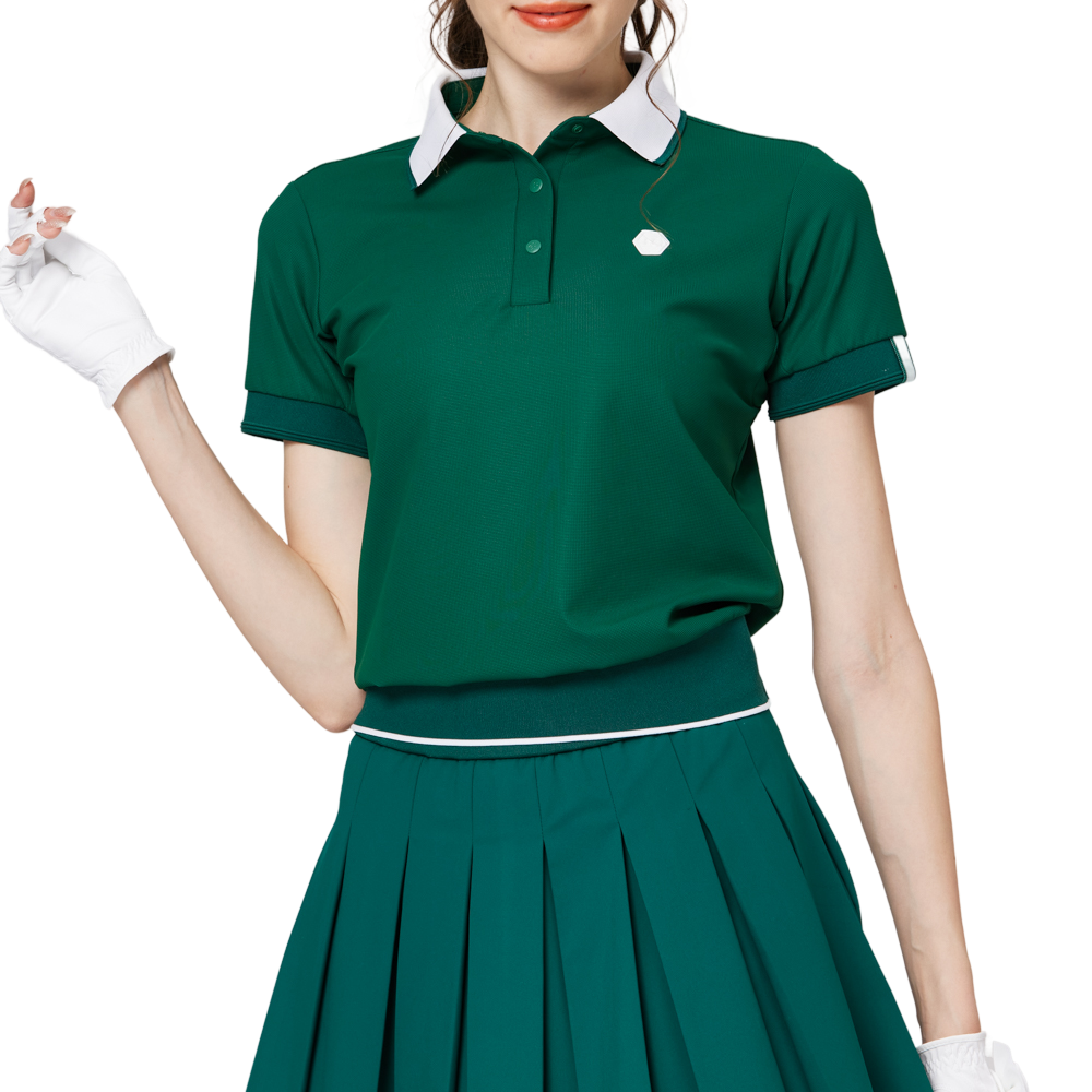 ゆったりとしたリブ編みの裾と襟付きのレディース半袖トップス