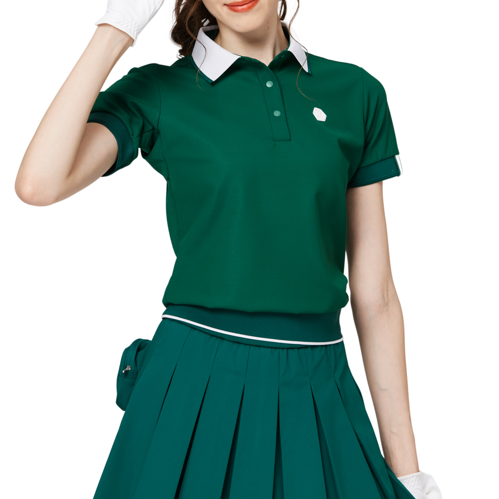 ゆったりとしたリブ編みの裾と襟付きのレディース半袖トップス