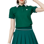 ゆったりとしたリブ編みの裾と襟付きのレディース半袖トップス