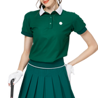 ゆったりとしたリブ編みの裾と襟付きのレディース半袖トップス