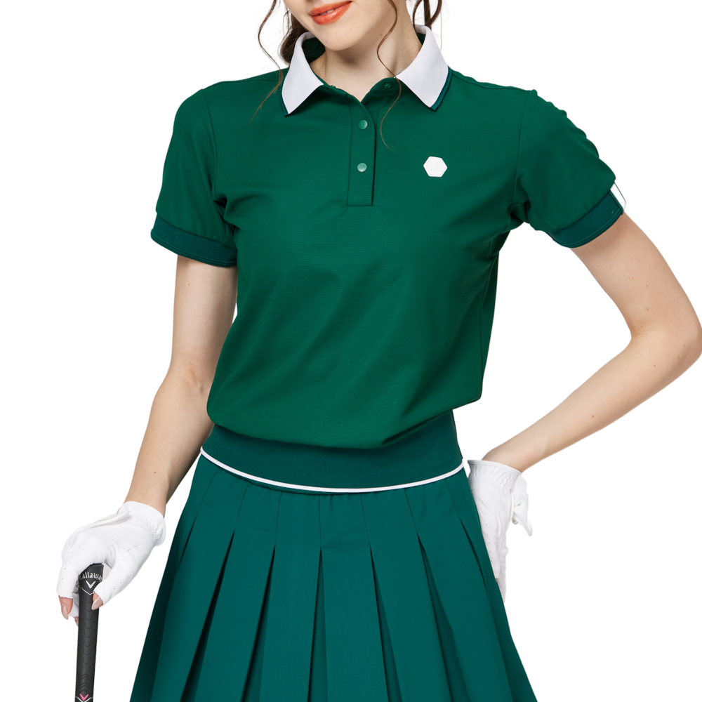 ゆったりとしたリブ編みの裾と襟付きのレディース半袖トップス