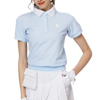 ゆったりとしたリブ編みの裾と襟付きのレディース半袖トップス