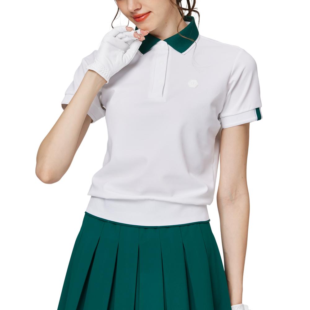 ゆったりとしたリブ編みの裾と襟付きのレディース半袖トップス