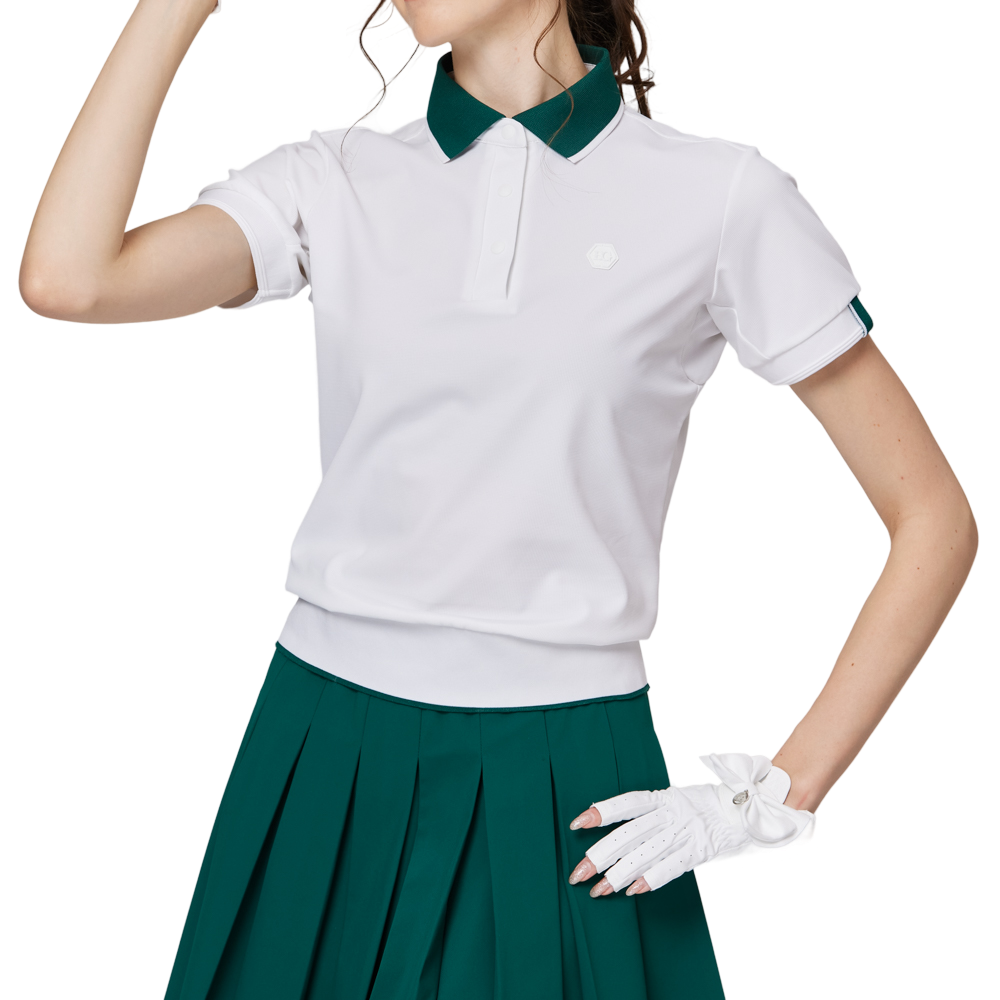 ゆったりとしたリブ編みの裾と襟付きのレディース半袖トップス