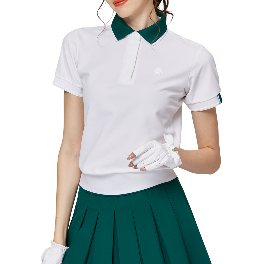 ゆったりとしたリブ編みの裾と襟付きのレディース半袖トップス