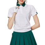 ゆったりとしたリブ編みの裾と襟付きのレディース半袖トップス