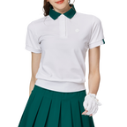 ゆったりとしたリブ編みの裾と襟付きのレディース半袖トップス