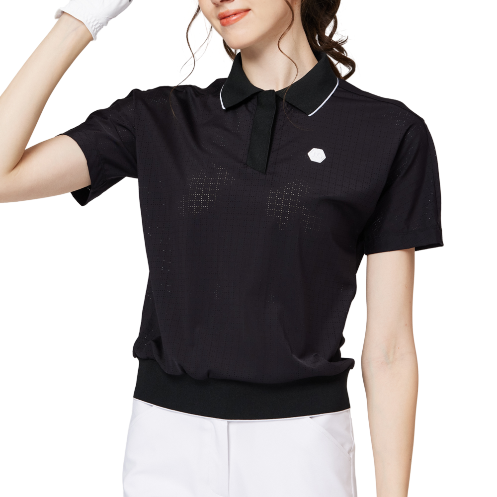 Women's short-sleeved top with full perforation, breathable collar, and gathered hem.
