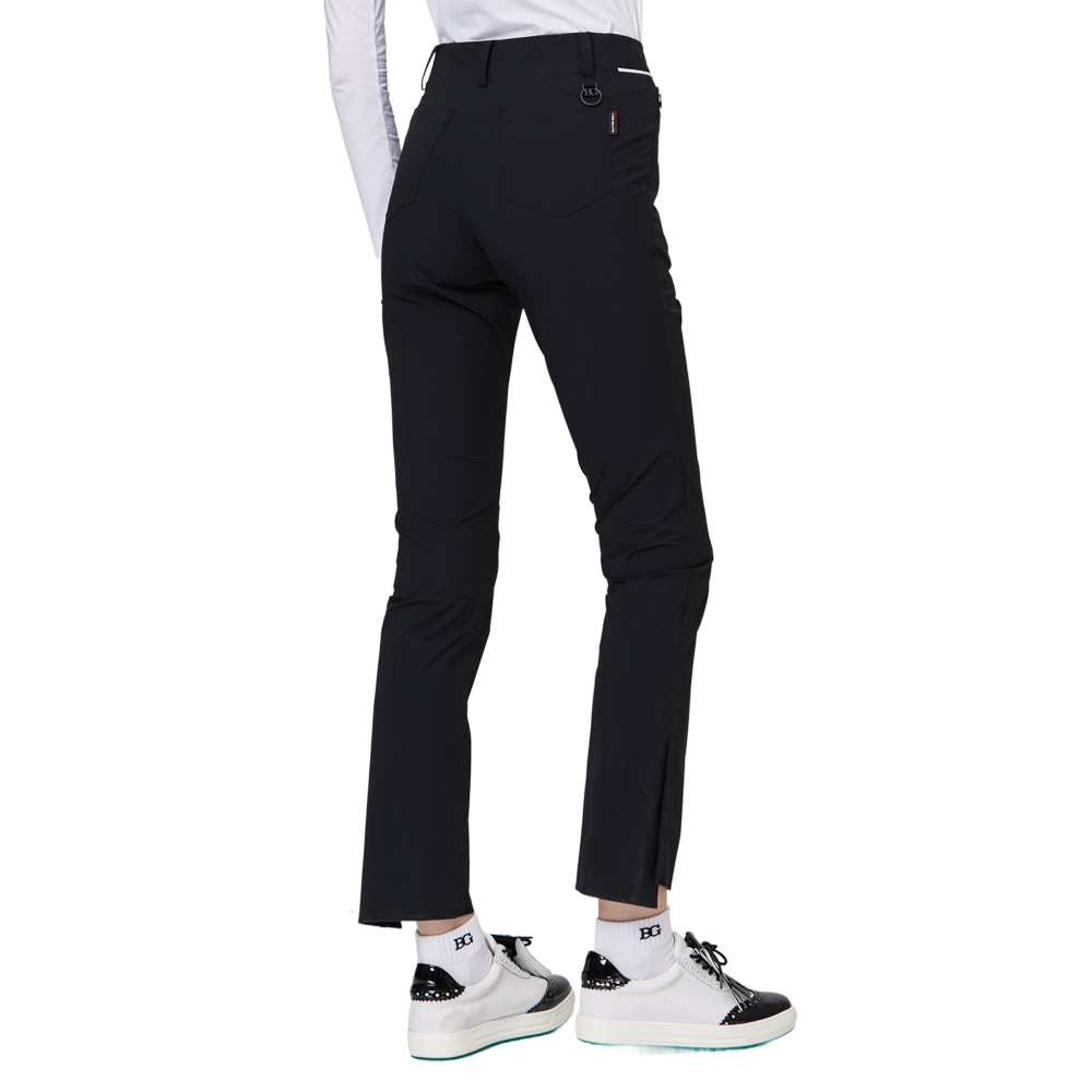 細身の伸縮性ウエストスリットレディースパンツ