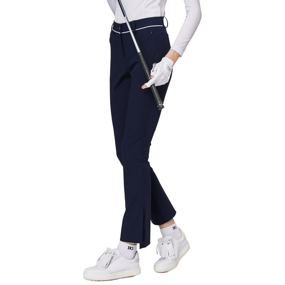 細身の伸縮性ウエストスリットレディースパンツ