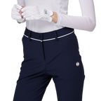 細身の伸縮性ウエストスリットレディースパンツ