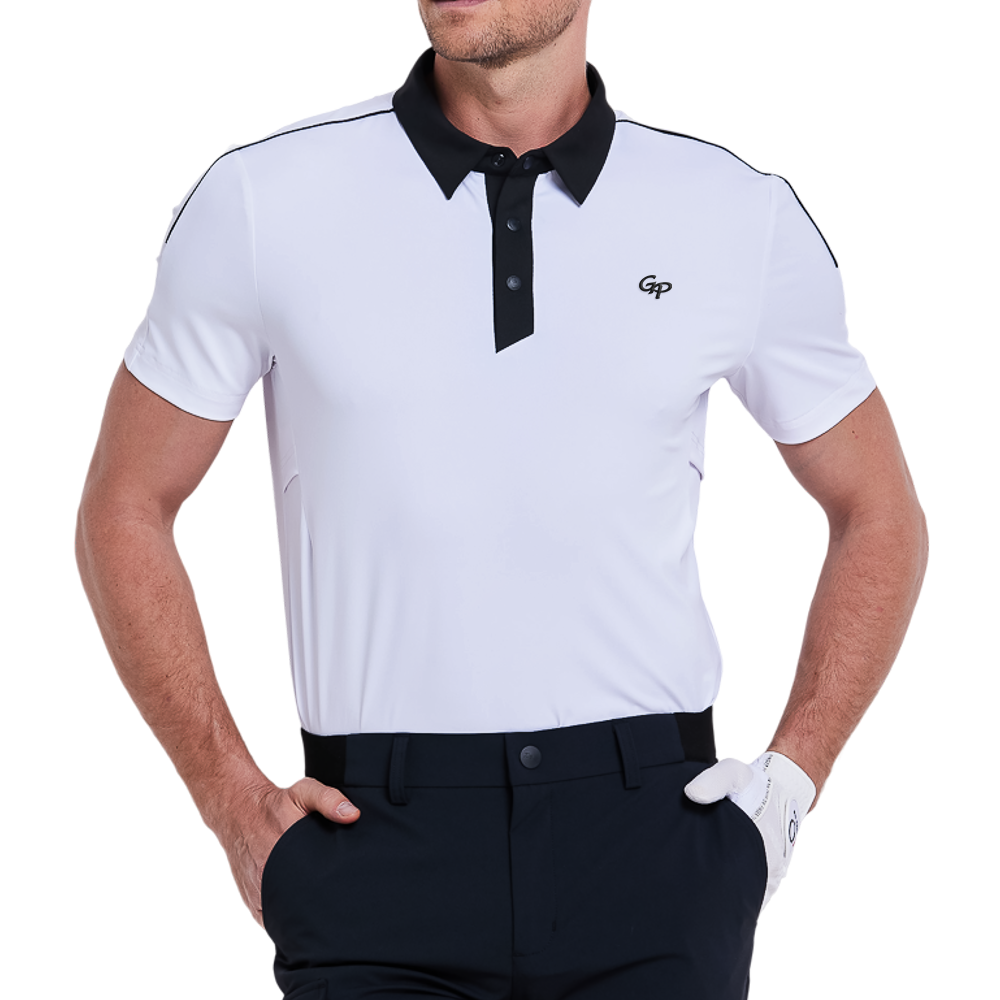 Men's color-blocked collar cool-feel short-sleeved shirt (white)