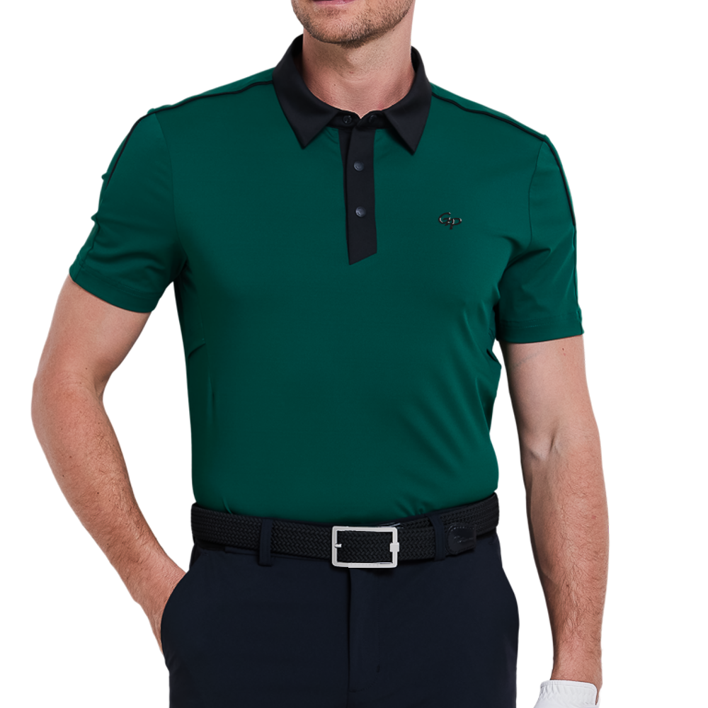 Men's color-blocked collar cool-feel short-sleeved shirt (dark green)