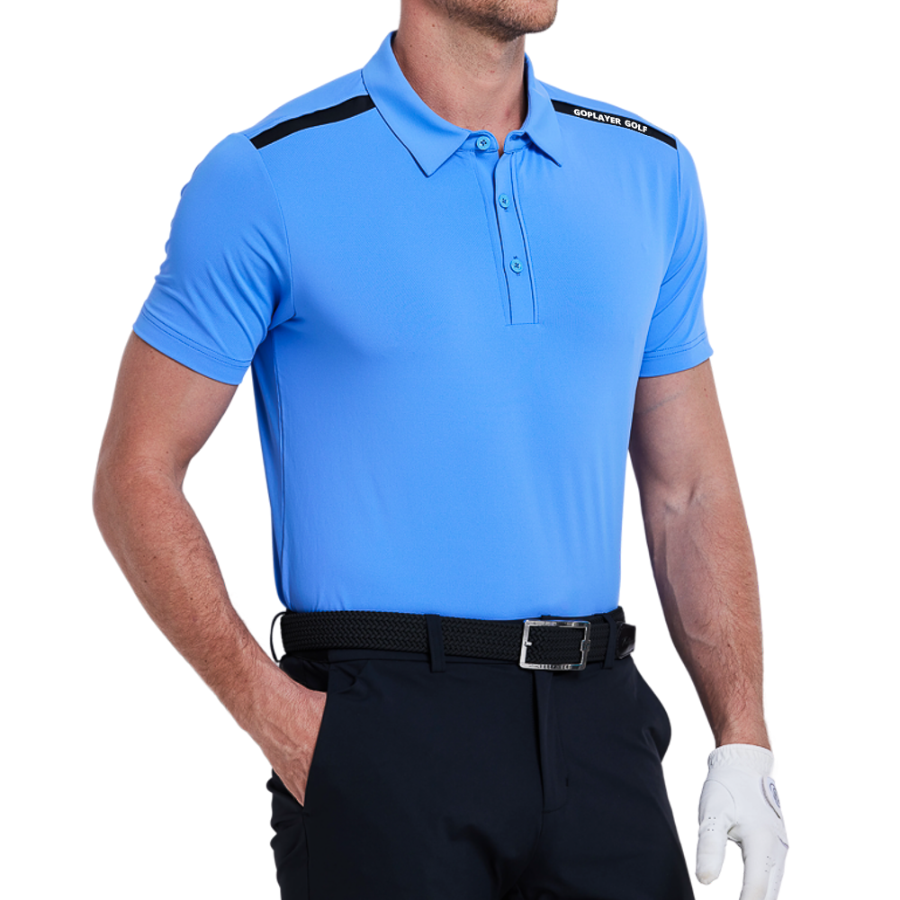 メンズカラーブロックショルダー半袖シャツ（ターコイズブルー）