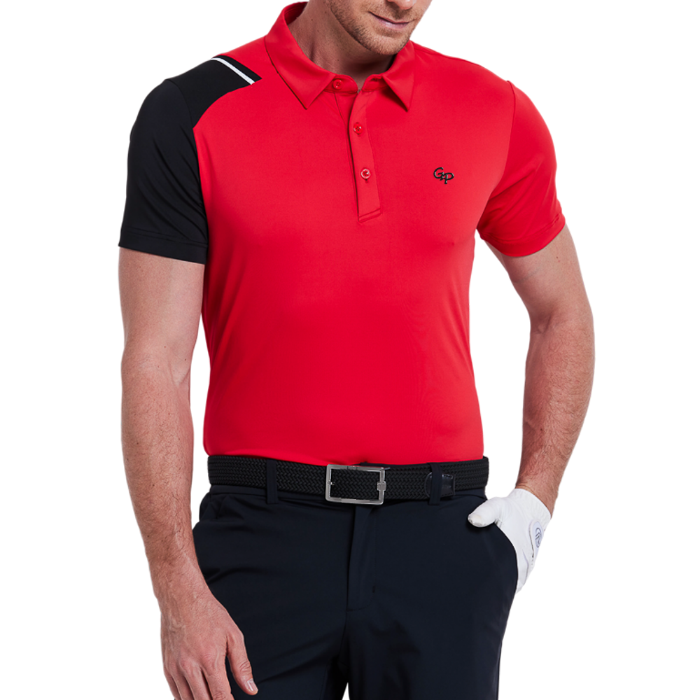 メンズカラーブロックショルダー半袖シャツ（レッド）