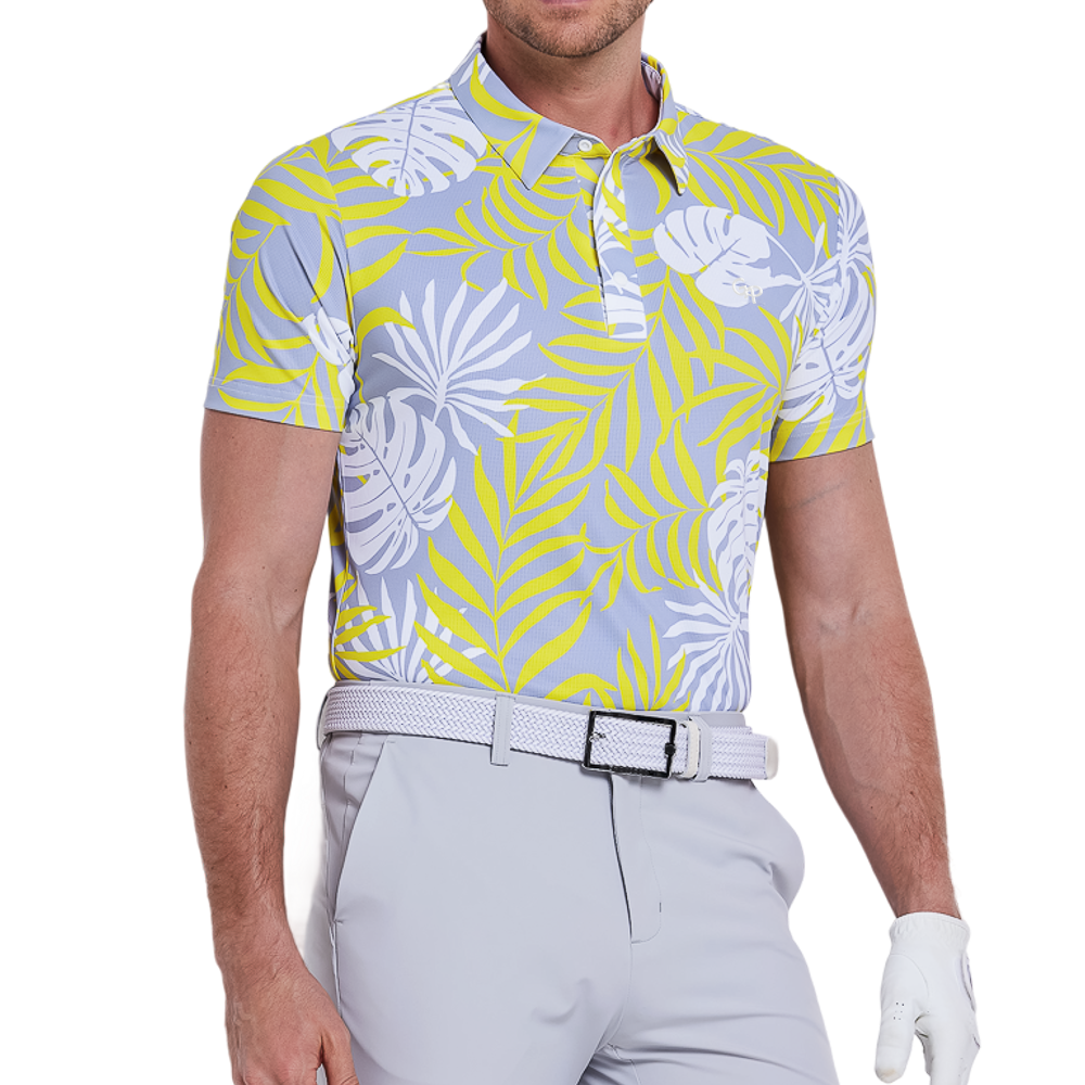 Male celebrity Kong's breathable printed short-sleeved shirt (grey-yellow)