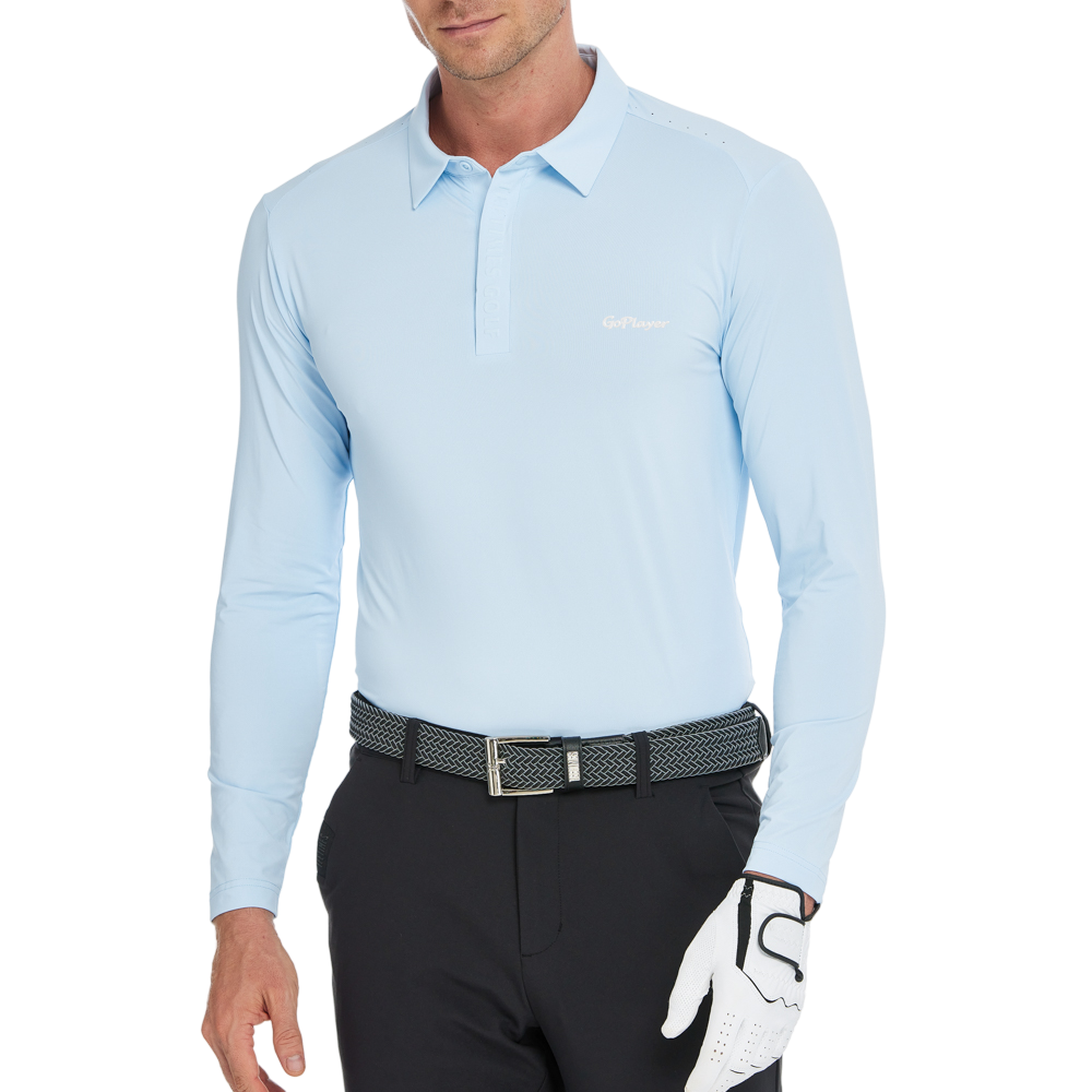 Men's Cool-Feel Long-Sleeved Collared Top (Ice Blue)