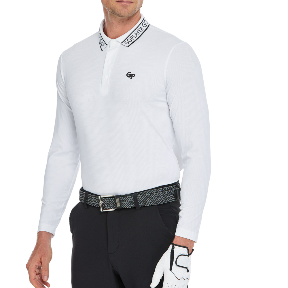 男菱格針織提花長袖(白)