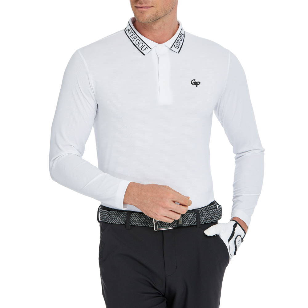 男菱格針織提花長袖(白)