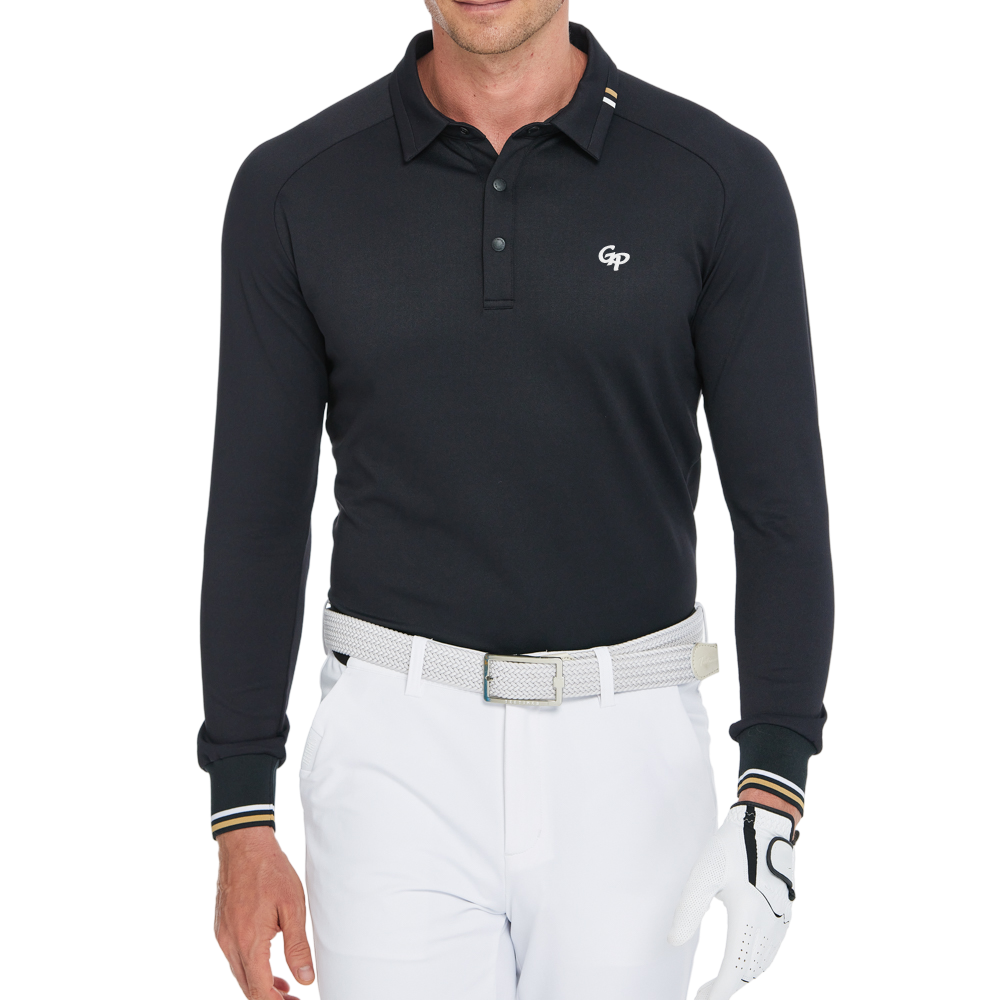 男柔光翻領長袖(黑)