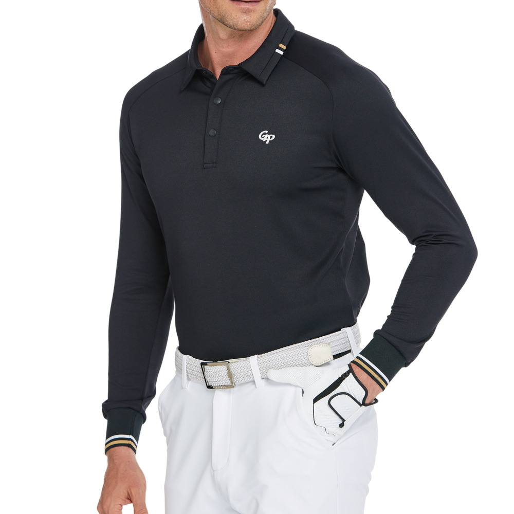 男柔光翻領長袖(黑)