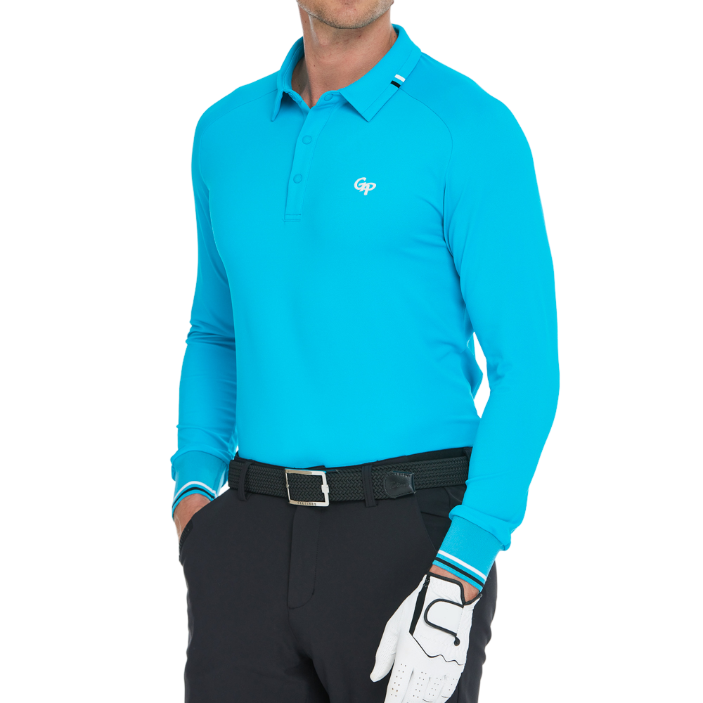 男柔光翻領長袖(翠藍)