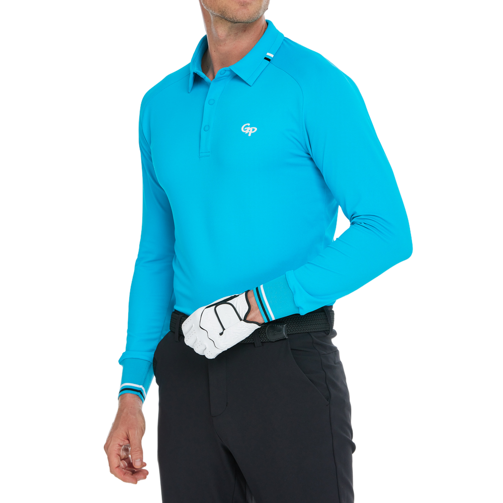 男柔光翻領長袖(翠藍)