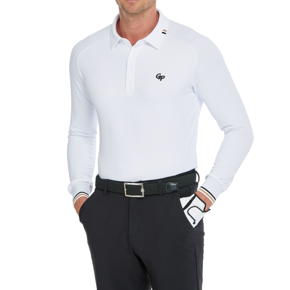 メンズ ソフトグロス 長袖 襟付きトップス (ホワイト)